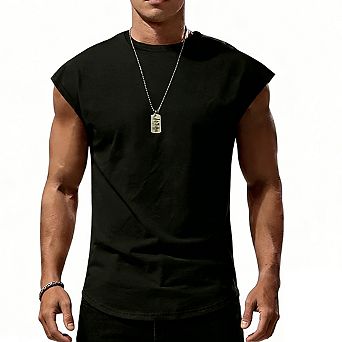 Men's Cap Sleeve Crew Neck Tank Top Curved Hem Loose Fit Casual Shirts