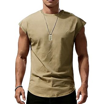Men's Cap Sleeve Crew Neck Tank Top Curved Hem Loose Fit Casual Shirts