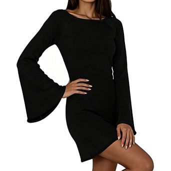 Women's Boat Neck Bell Sleeve Open Back Ribbed Knit Mini Dress - Casual Stretchy Fall Winter Dress