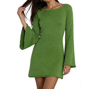 Women's Boat Neck Bell Sleeve Open Back Ribbed Knit Mini Dress - Casual Stretchy Fall Winter Dress