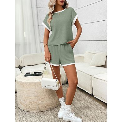 Women Two Piece Sets Lounge Short Cap Sleeve Crew Neck Sweatsuit with Pocket