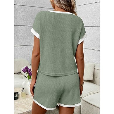 Women Two Piece Sets Lounge Short Cap Sleeve Crew Neck Sweatsuit with Pocket