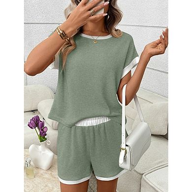 Women Two Piece Sets Lounge Short Cap Sleeve Crew Neck Sweatsuit with Pocket