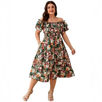 Plus Size Dress for Women Off Shoulder Floral Print Shirred Square Neck Puff Sleeve Dresses