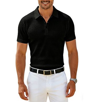 Men's Waffle Knit Polo Shirt Collar Neck Short Sleeve Button Casual Tops