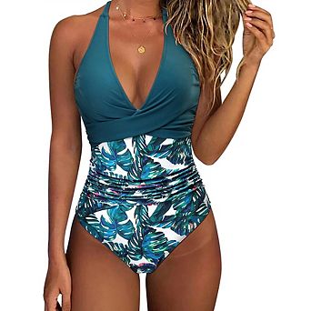 Elegant Halter One Piece Bathing Suits for Women Solid Print Ruched Swimsuits for Poolside