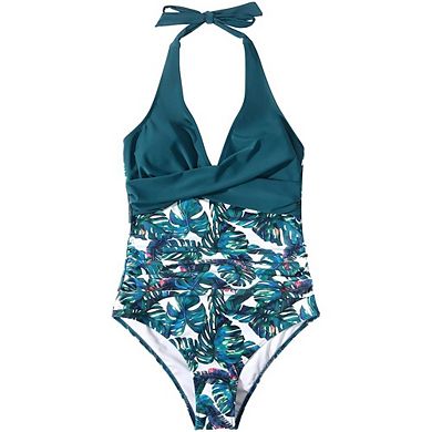 Elegant Halter One Piece Bathing Suits for Women Solid Print Ruched Swimsuits for Poolside