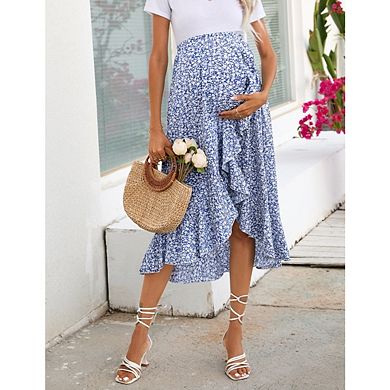 Women's Maternity High Waist Ruffled Tiered Skirts Casual A Line Swing Boho Irregular Hem Skirts