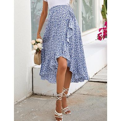 Women's Maternity High Waist Ruffled Tiered Skirts Casual A Line Swing Boho Irregular Hem Skirts