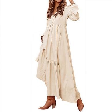 Women's Boho Maxi Dress V-Neck Long Sleeve Flowy Beach Dress with Pockets and Buttons