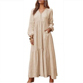 Women's Boho Maxi Dress V-Neck Long Sleeve Flowy Beach Dress with Pockets and Buttons