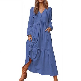 Women's Boho Maxi Dress V-Neck Long Sleeve Flowy Beach Dress with Pockets and Buttons