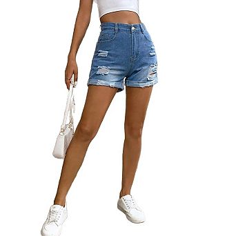 Women's High Waist Loose Fit Ripped Denim Shorts Rolled Hem Distressed Jeans Denim Shorts