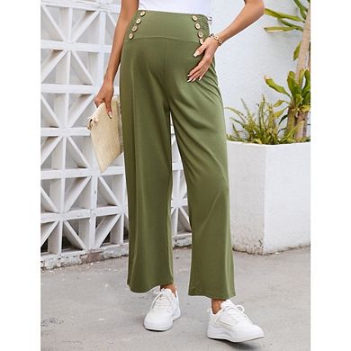 Womens Maternity Wide Leg Pants Casual Elastic High Waist Pants Loose Button Down Pants with Pockets