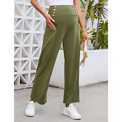 Womens Maternity Wide Leg Pants Casual Elastic High Waist Pants Loose Button Down Pants with Pockets