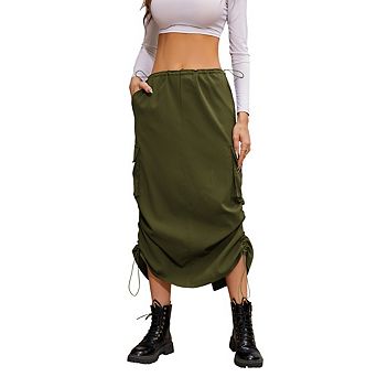 Women Y2k Low Waist Drawstring Work Skirt Cargo Ruched Vintage Slit Cargo Maxi Skirt with Pockets