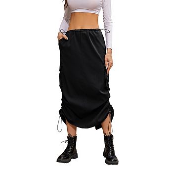 Women Y2k Low Waist Drawstring Work Skirt Cargo Ruched Vintage Slit Cargo Maxi Skirt with Pockets
