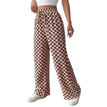 Women's Casual Plaid Print Straight Wide Leg Pants Elastic Waist Comfy Loose Pants with Pockets