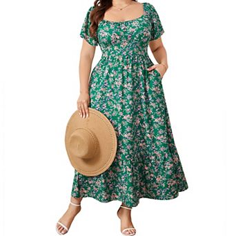 Women's Square Neck Puff Sleeve Floral Midi Dress with Smocked Waist & Ruffle Hem for Spring Summer