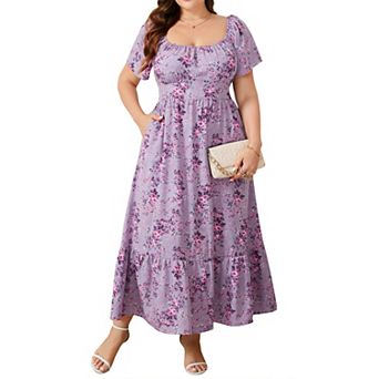 Women's Square Neck Puff Sleeve Floral Midi Dress with Smocked Waist & Ruffle Hem for Spring Summer