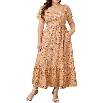 Women's Square Neck Puff Sleeve Floral Midi Dress with Smocked Waist & Ruffle Hem for Spring Summer