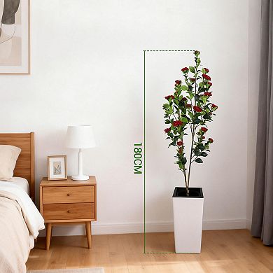 Artificial Camellia Tree, Faux Potted Plant with Realistic Red and White Flowers, Maintenance-Free