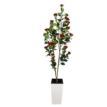 Artificial Camellia Tree, Faux Potted Plant with Realistic Red and White Flowers, Maintenance-Free