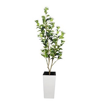Artificial Camellia Tree, Faux Potted Plant with Realistic Red and White Flowers, Maintenance-Free