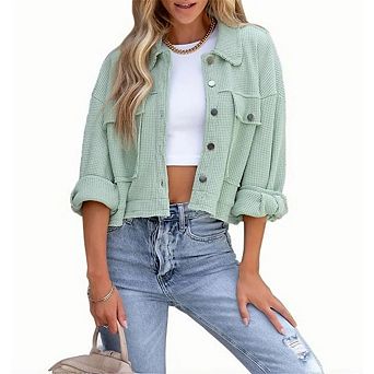 Women's Cropped Waffle Knit Jacket Patchwork Shacket Solid Color Button Down Short Coat