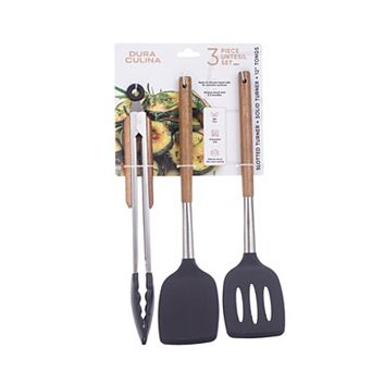 Dura Living Acacia Wood & Silicone Kitchen Cookware Set - Slotted & Solid turner, Tong