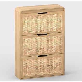 Rattan Shoe Cabinet with 3 Flip Drawers Slim Rounded Edge Entryway Shoe Storage Organizer