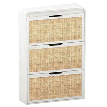 Rattan Shoe Cabinet with 3 Flip Drawers Slim Rounded Edge Entryway Shoe Storage Organizer