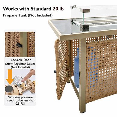 Whisen 43" Propane Gas Fire Pit Table, 60000 BTU Open Weave Wicker Fire Pit with Glass Wind Guard