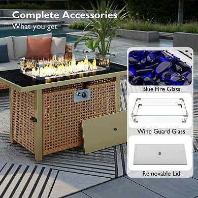 Whisen 43" Propane Gas Fire Pit Table, 60000 BTU Open Weave Wicker Fire Pit with Glass Wind Guard