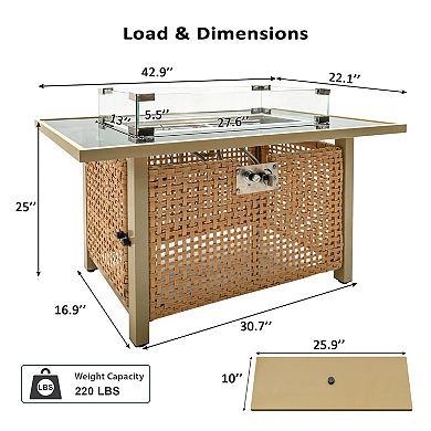 Whisen 43" Propane Gas Fire Pit Table, 60000 BTU Open Weave Wicker Fire Pit with Glass Wind Guard