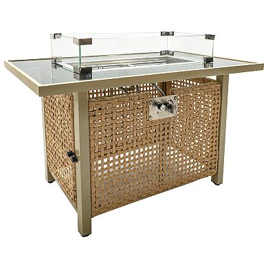Whisen 43" Propane Gas Fire Pit Table, 60000 BTU Open Weave Wicker Fire Pit with Glass Wind Guard