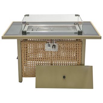 Whisen 43" Propane Gas Fire Pit Table, 60000 BTU Open Weave Wicker Fire Pit with Glass Wind Guard