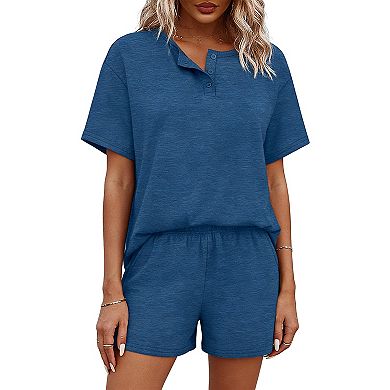 Women's Henley Button Short Sleeve Top and Elastic Waist Shorts - Casual Lounge Two Piece Sets