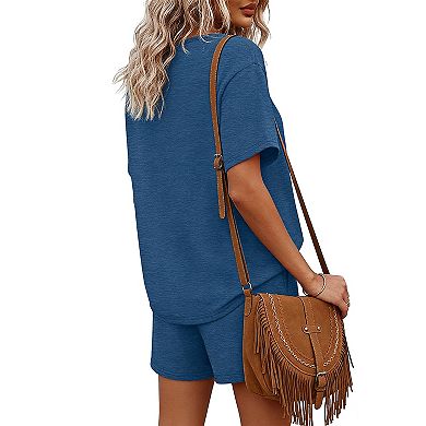 Women's Henley Button Short Sleeve Top and Elastic Waist Shorts - Casual Lounge Two Piece Sets