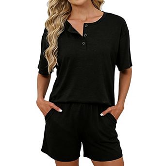 Women's Henley Button Short Sleeve Top and Elastic Waist Shorts - Casual Lounge Two Piece Sets