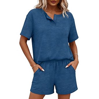 Women's Henley Button Short Sleeve Top and Elastic Waist Shorts - Casual Lounge Two Piece Sets