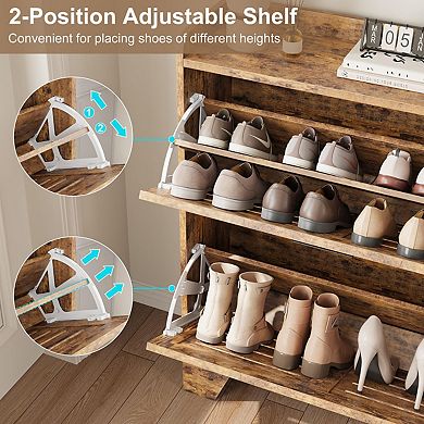 Farmhouse Shoe Cabinet with 2 Flip Down Drawers & 2 Hooks, Narrow Entryway Shoe Storage Organizer