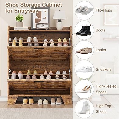 Farmhouse Shoe Cabinet with 2 Flip Down Drawers & 2 Hooks, Narrow Entryway Shoe Storage Organizer