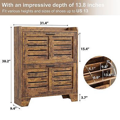 Farmhouse Shoe Cabinet with 2 Flip Down Drawers & 2 Hooks, Narrow Entryway Shoe Storage Organizer