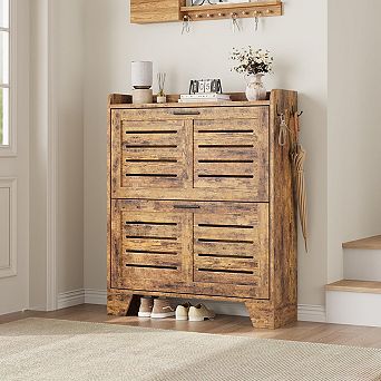 Farmhouse Shoe Cabinet with 2 Flip Down Drawers & 2 Hooks, Narrow Entryway Shoe Storage Organizer