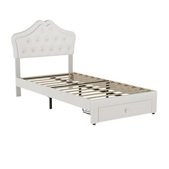 Upholstered Princess Bed Frame with LED Lights & Storage Drawer, Faux Leather Platform Bed