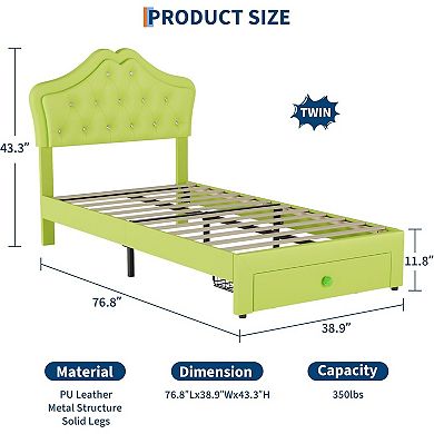Upholstered Princess Bed Frame with LED Lights & Storage Drawer, Faux Leather Platform Bed