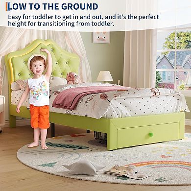 Upholstered Princess Bed Frame with LED Lights & Storage Drawer, Faux Leather Platform Bed