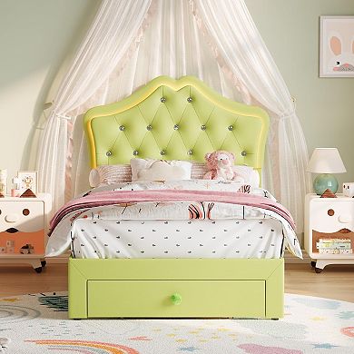 Upholstered Princess Bed Frame with LED Lights & Storage Drawer, Faux Leather Platform Bed