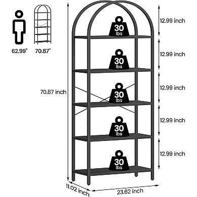 71" Narrow 5-Tier Industrial Bookshelf Heavy Duty Metal Frame Arched Bookcase Storage